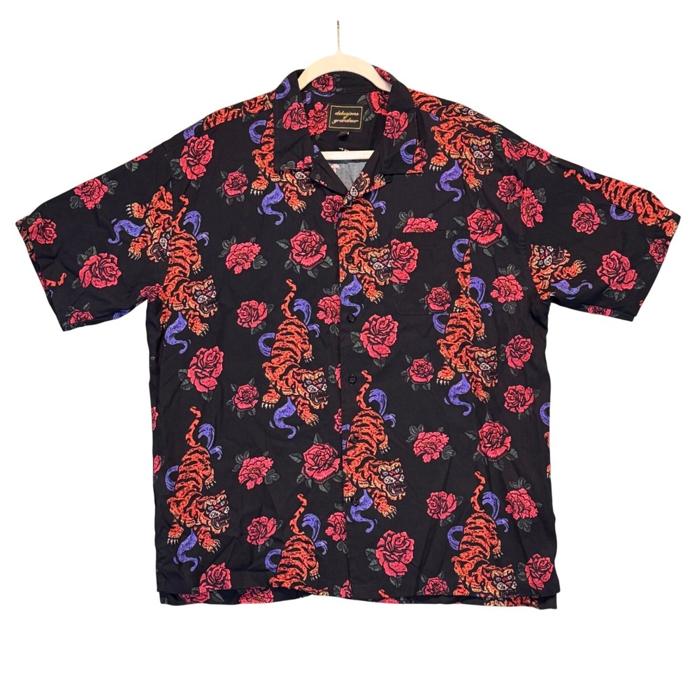 Delusions of Grandeur Camp Shirt Black w/ Tiger & Rose Print Mens XL Button Up